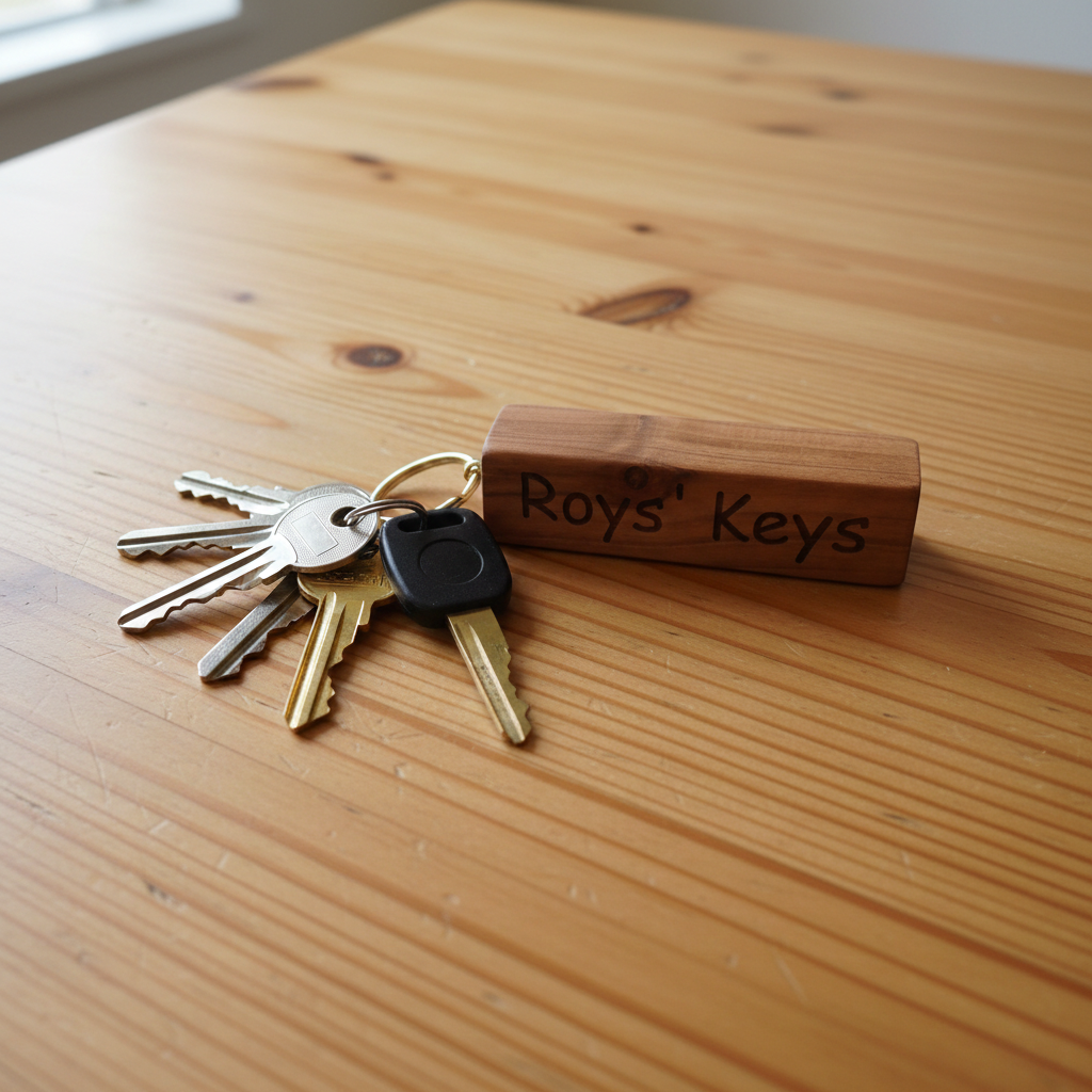 8.5cm Personalised Keyring. Any font and Text. Made from UK Cherry Wood.