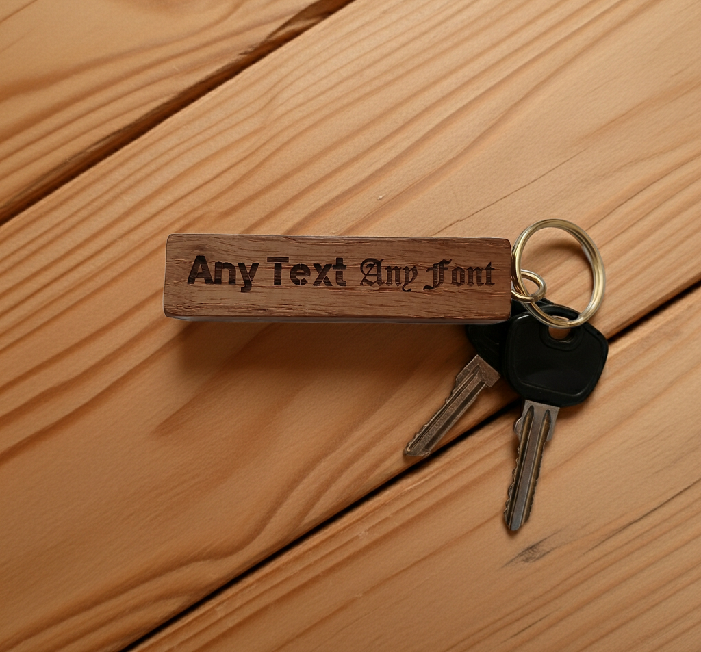 8.5cm Personalised Oak Keyring. Any font and Text. Made from solid Kentish Oak.