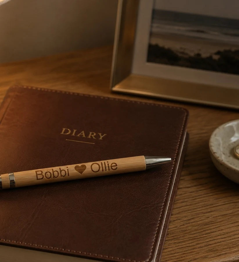 Personalised PU Tan Notebook & Bamboo Pen Set | Custom Engraved Hardback Notebook.