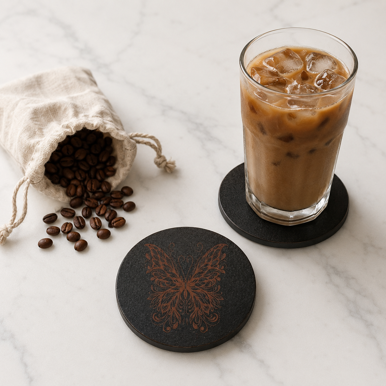Set of 6, Round Wooden Coasters. Butterfly Collection. Stylish, Durable, Bumper Feet.