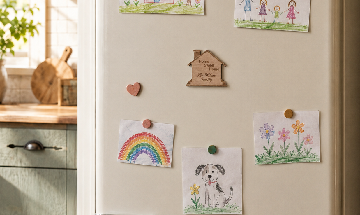 Personalised Wooden House Fridge Magnet - Steamed Beech Wood Custom Family Gift (70mm x 70mm)