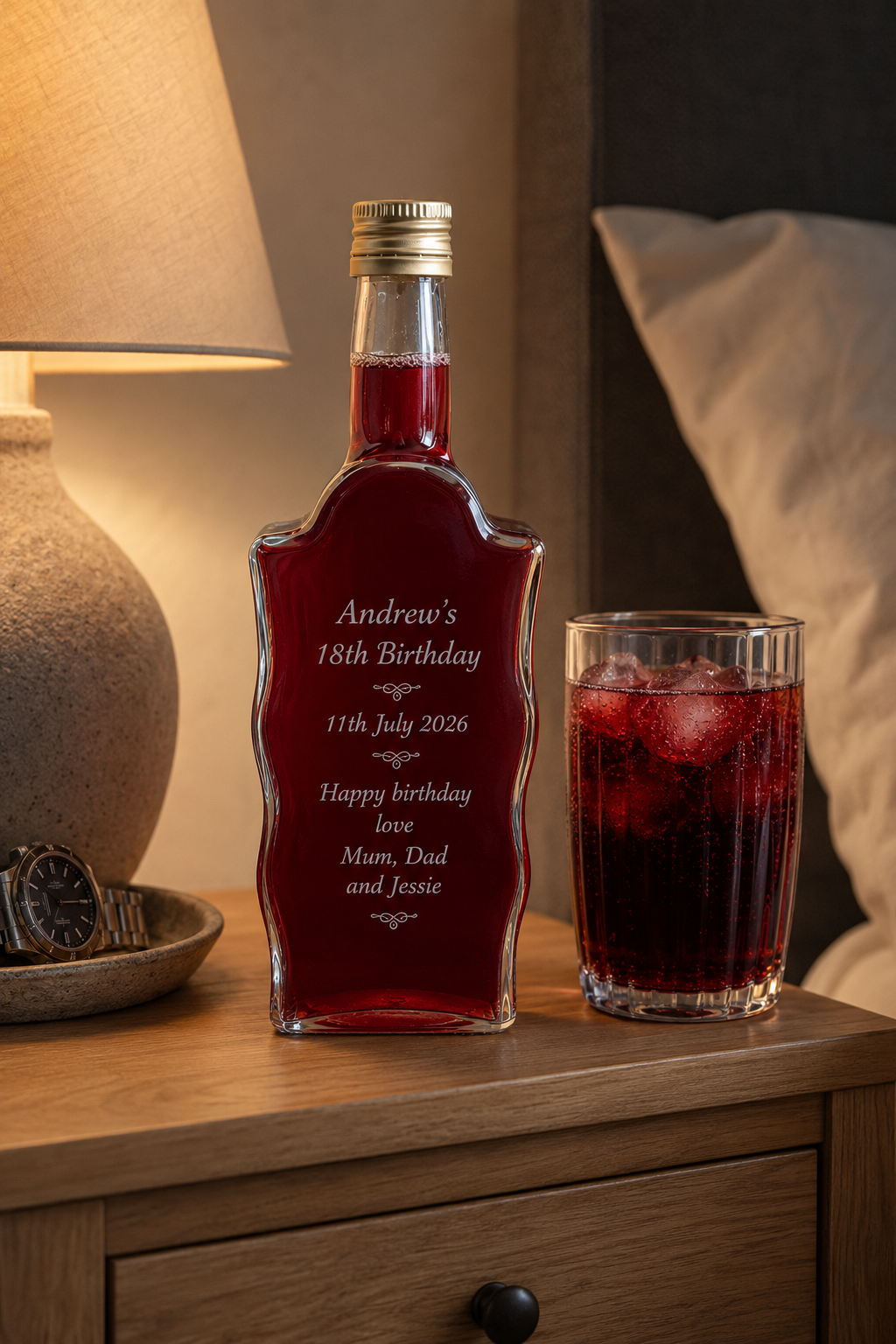 Personalised Engraved, 500ml, Wavy Glass Bottle with Screw Top.  (cold drinks, Alcohol, Oil Storage). Any Text and Font.