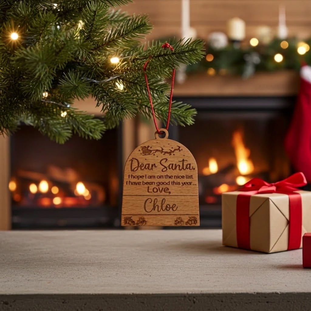 Personalised Wooden Christmas Tree Ornaments, Set of 3 | Dear Santa Wooden Baubles with Red Cord | Handmade by H&B Thanet