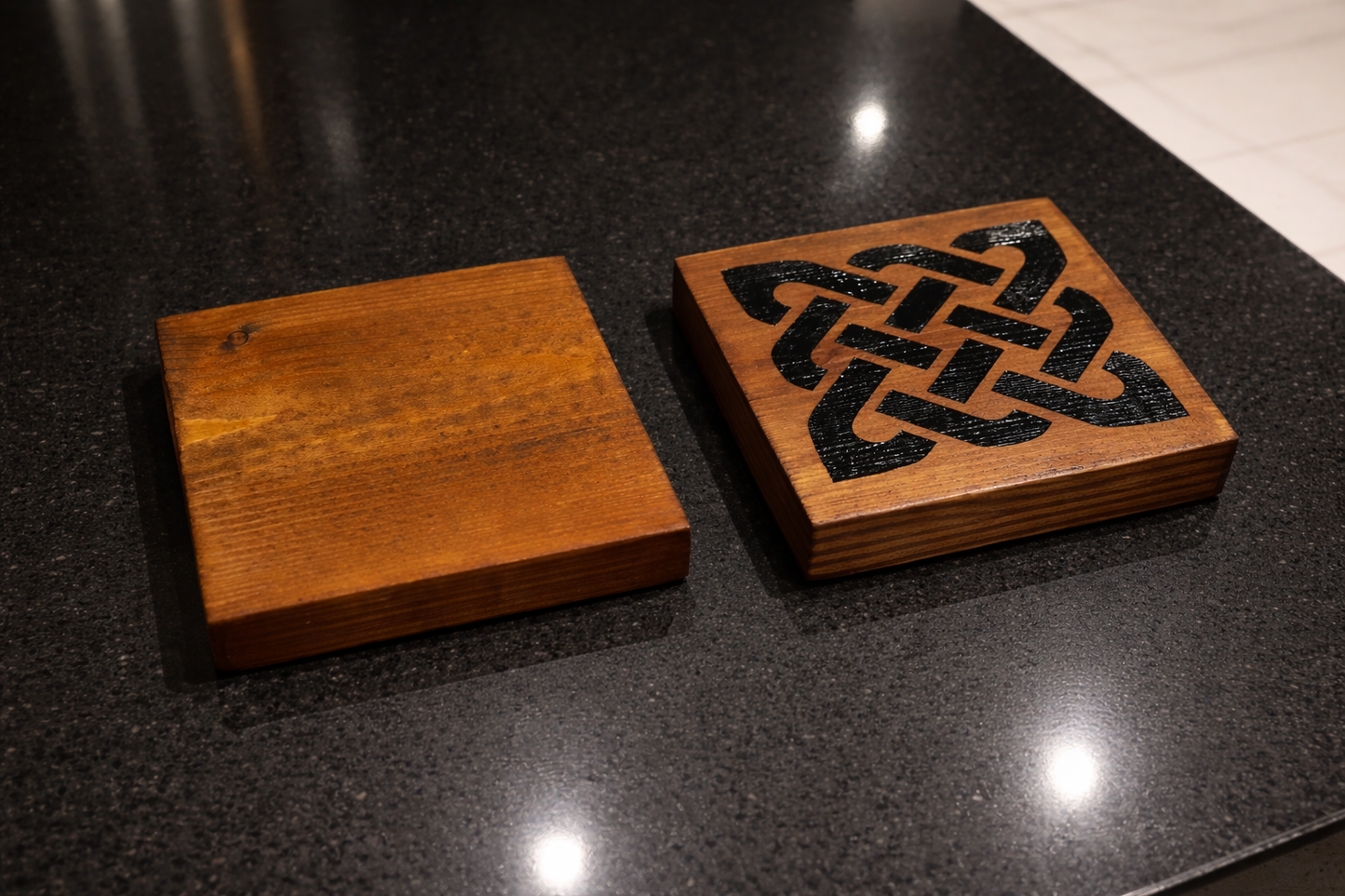 Set of 4,  Chunky, Celt Knot, Wood Drink Coasters, 100mm x 100mm x 17mm. with bumper feet.