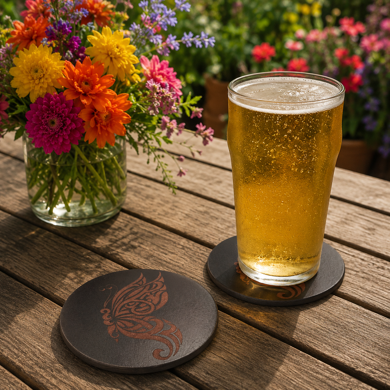 Set of 6, Round Wooden Coasters. Butterfly Collection. Stylish, Durable, Bumper Feet.