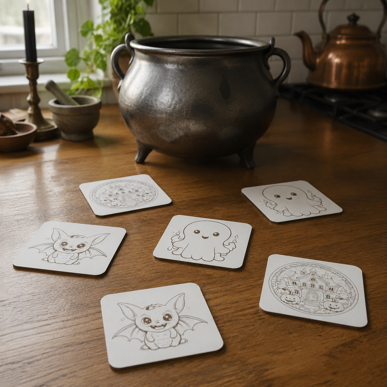Set of 6, Fun Spooky Halloween White Wood Drink Coasters with Bumper Feet, (3 Designs).