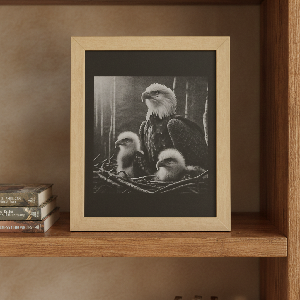 Bald Eagle Family Multi-Tone Laser Engraved Framed Wall Art (25x20cm), (approx. 10"x 8").