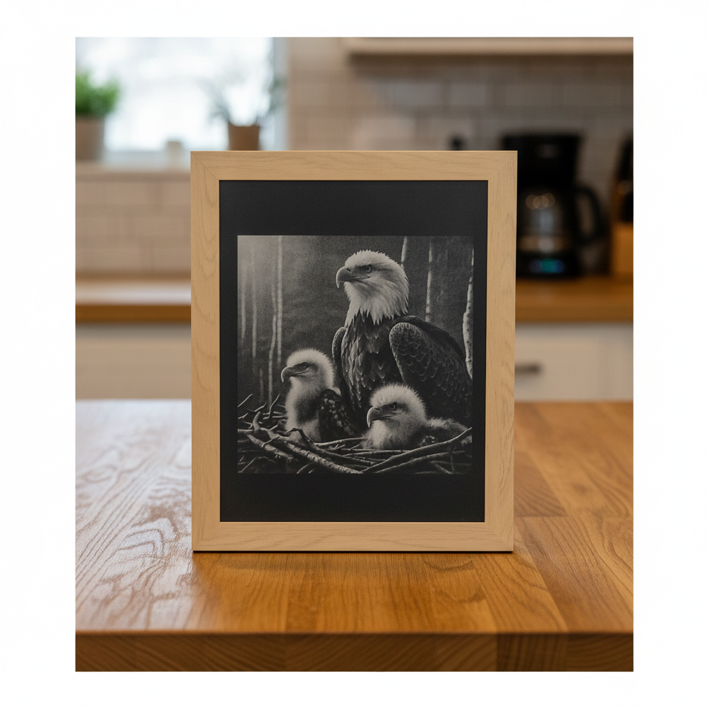 Bald Eagle Family Multi-Tone Laser Engraved Framed Wall Art (25x20cm), (approx. 10"x 8").