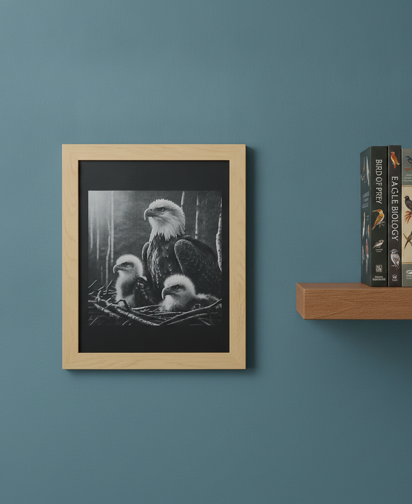 Bald Eagle Family Multi-Tone Laser Engraved Framed Wall Art (25x20cm), (approx. 10"x 8").