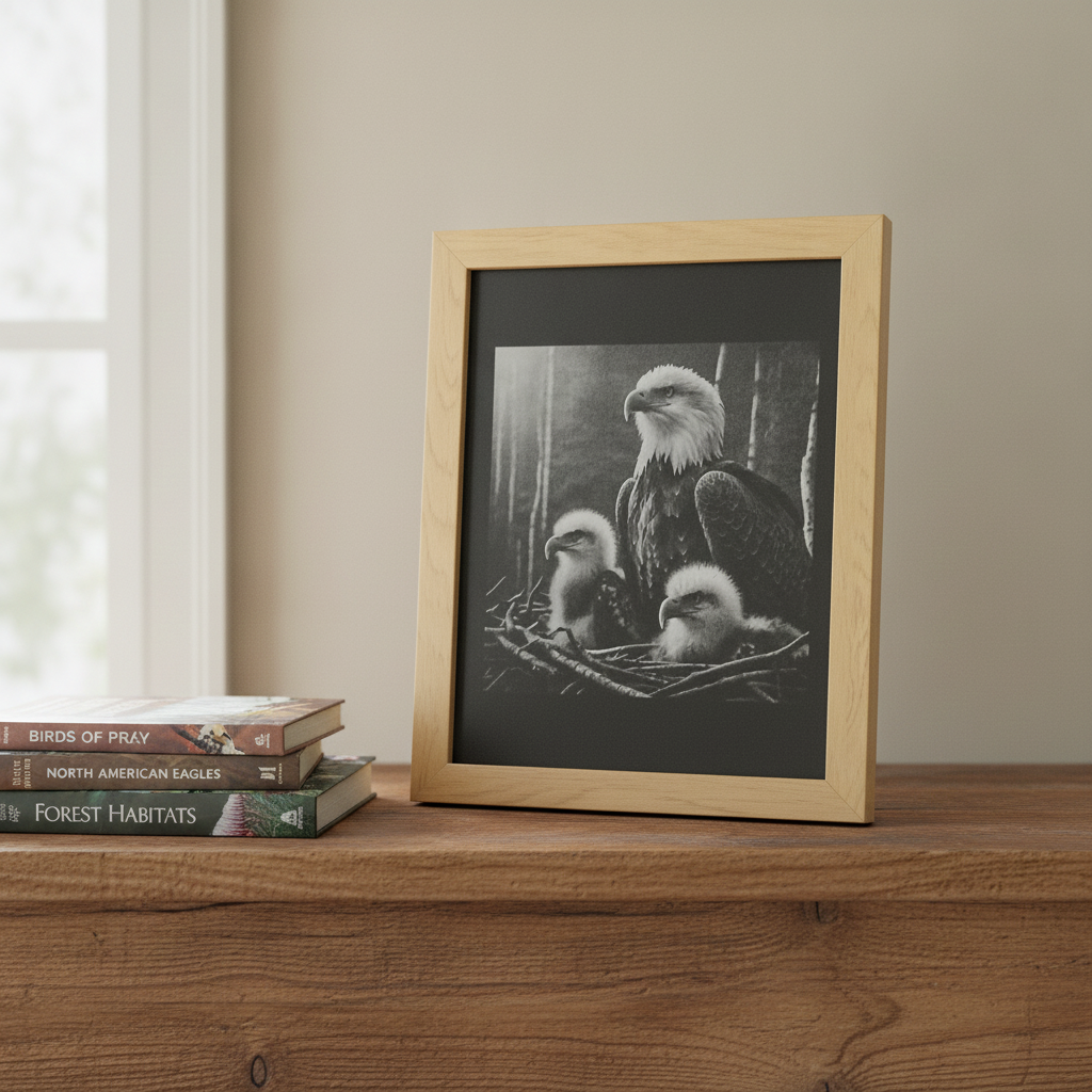 Bald Eagle Family Multi-Tone Laser Engraved Framed Wall Art (25x20cm), (approx. 10"x 8").