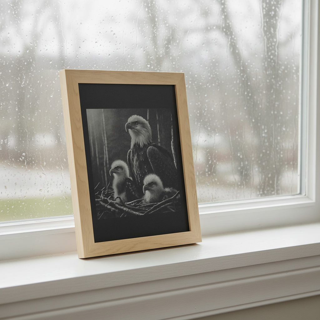 Bald Eagle Family Multi-Tone Laser Engraved Framed Wall Art (25x20cm), (approx. 10"x 8").