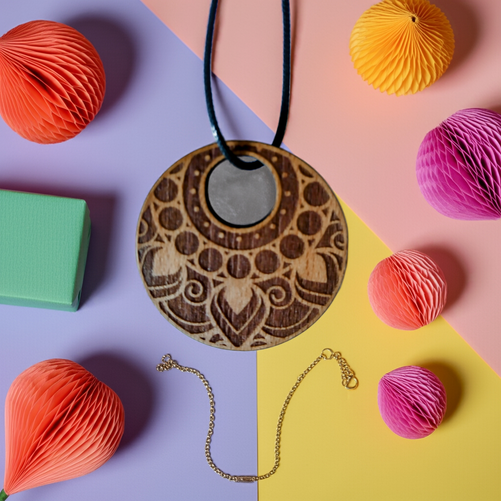 Beautiful, Treated Steamed Beech Engraved Pendant with Waxed Clasp Necklace. Size 50mm Diameter.