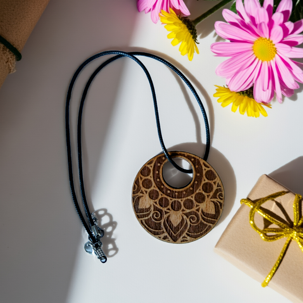 Beautiful, Treated Steamed Beech Engraved Pendant with Waxed Clasp Necklace. Size 50mm Diameter.
