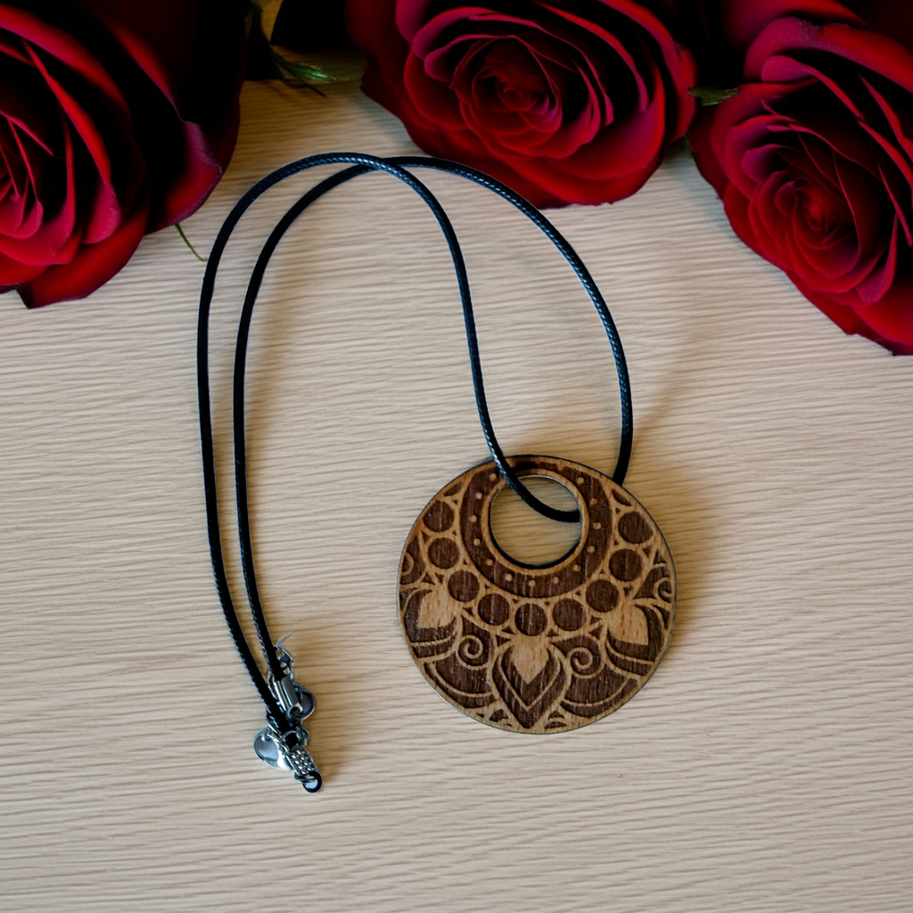 Beautiful, Treated Steamed Beech Engraved Pendant with Waxed Clasp Necklace. Size 50mm Diameter.