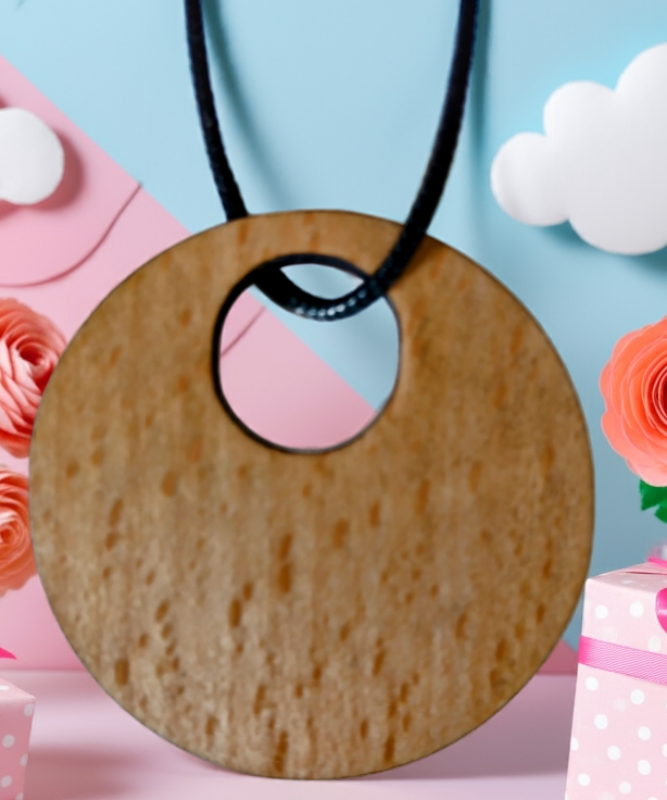 Beautiful, Treated Steamed Beech Engraved Pendant with Waxed Clasp Necklace. Size 50mm Diameter.