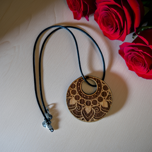 Beautiful, Treated Steamed Beech Engraved Pendant with Waxed Clasp Necklace. Size 50mm Diameter.