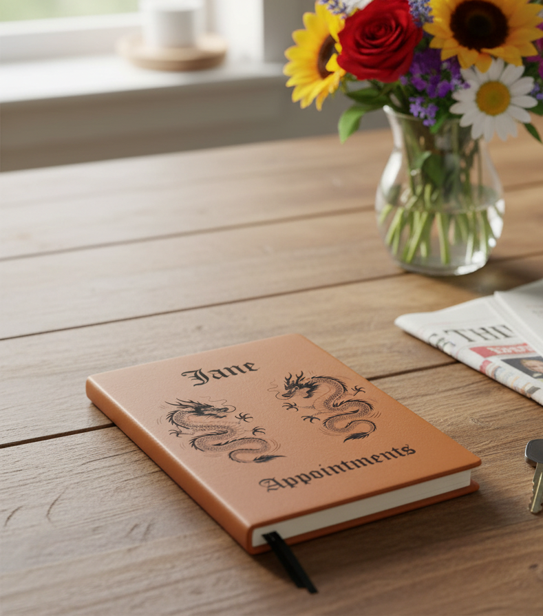 Bespoke,  Hardback Personalised A5 notebook. PU Tan Leather, Hardback with Lined paper.