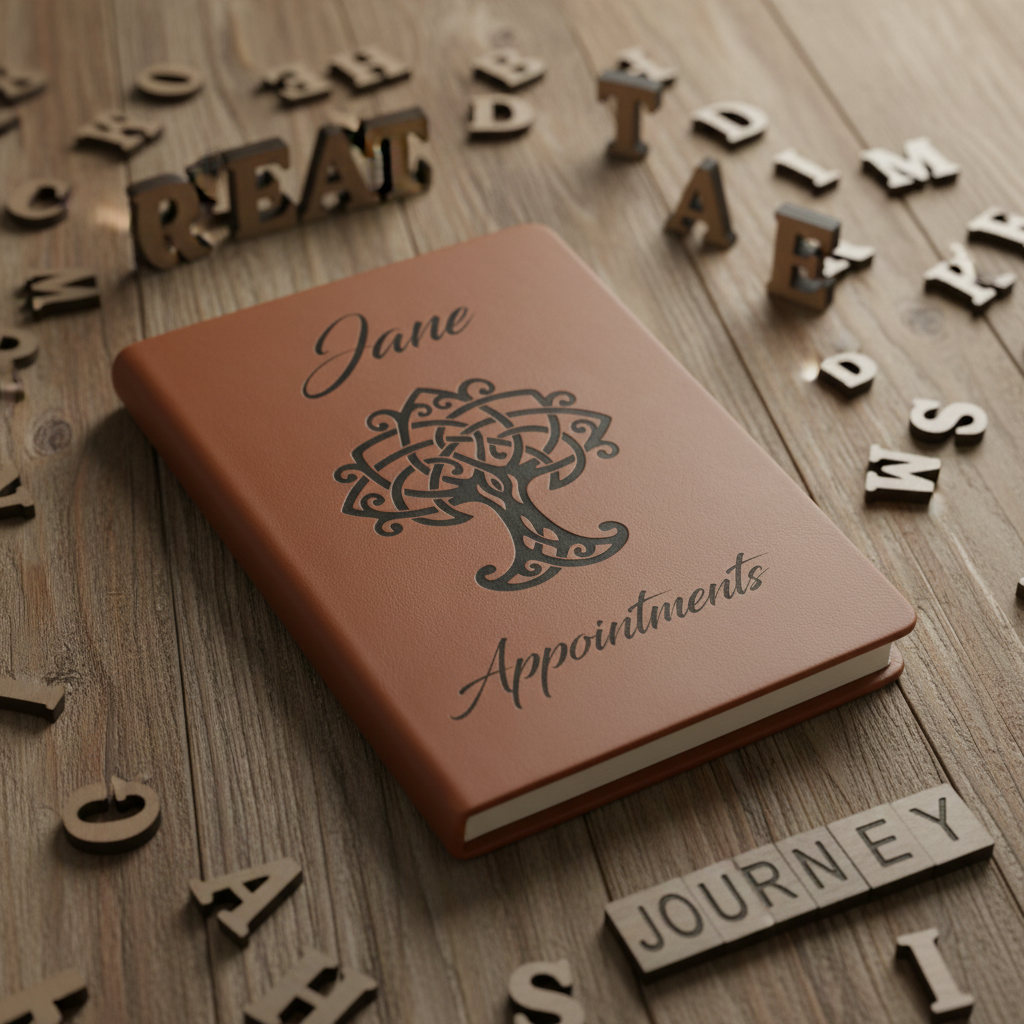 Bespoke,  Hardback Personalised A5 notebook. PU Tan Leather, Hardback with Lined paper.