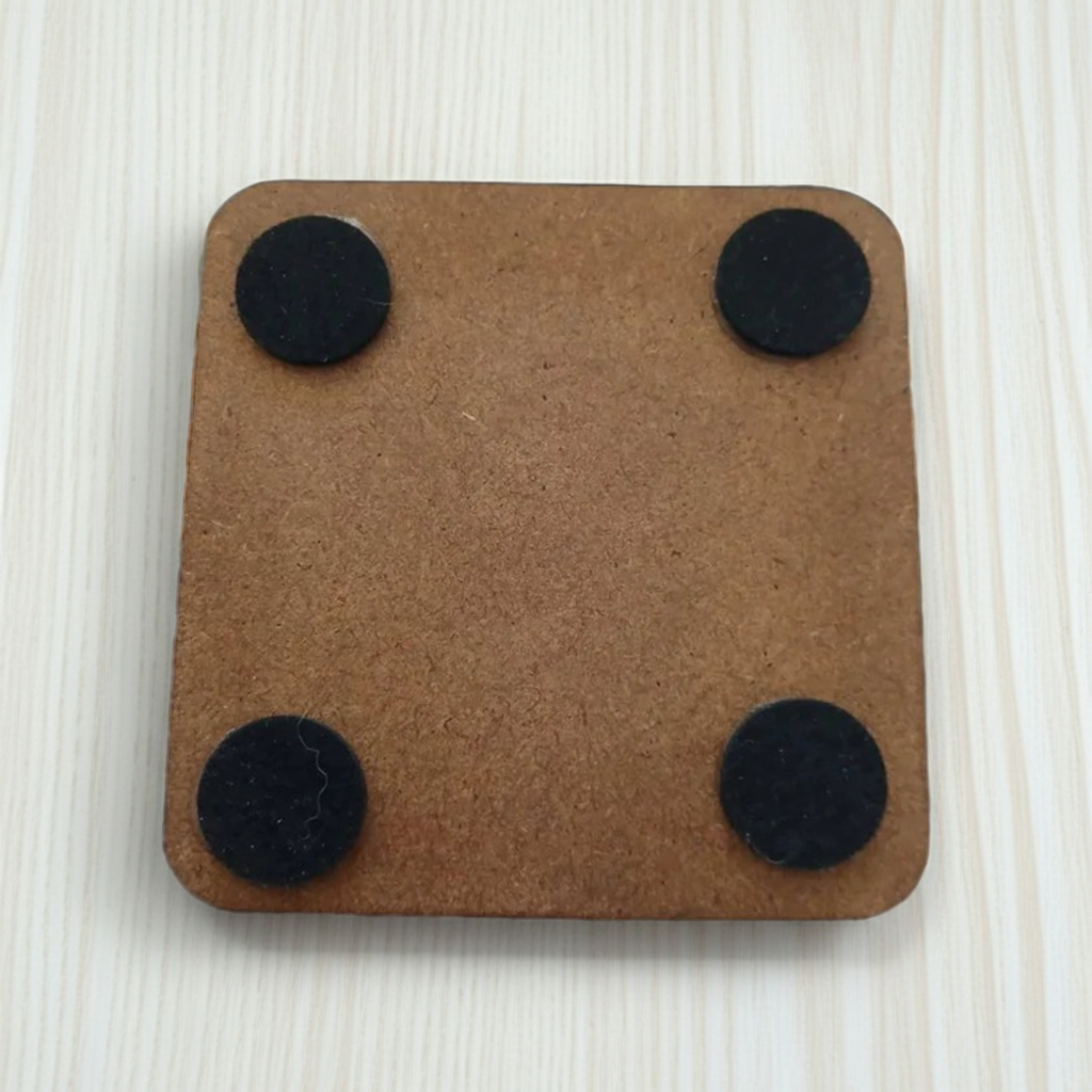 Set of 6, Square Black Topped Wood Drink Coasters - Golden Swirl Collection, with bumper feet.