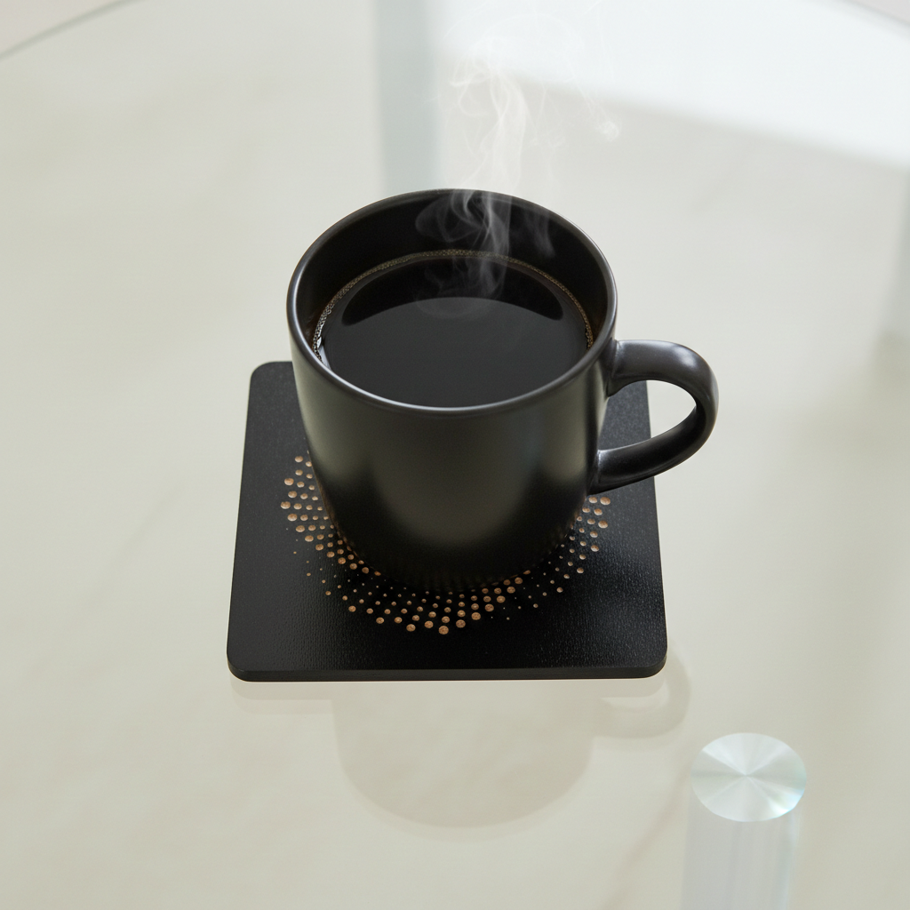 Set of 6, Square Black Topped Wood Drink Coasters - Golden Swirl Collection, with bumper feet.