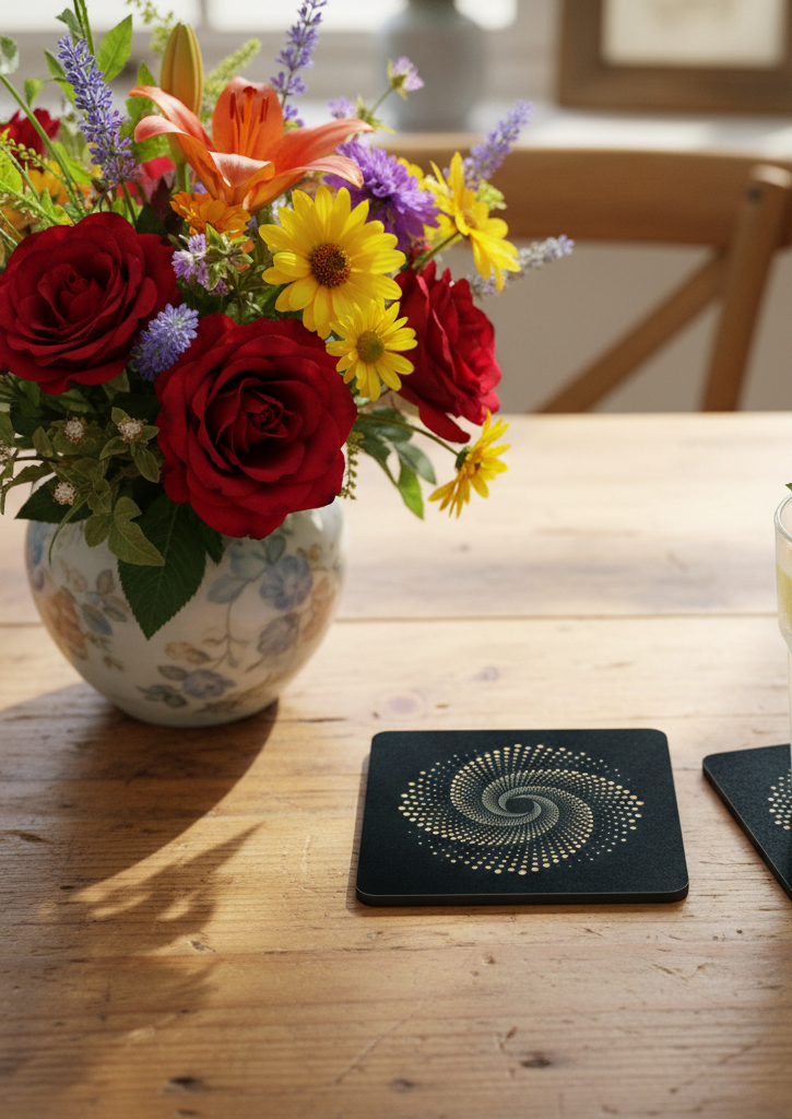 Set of 6, Square Black Topped Wood Drink Coasters - Golden Swirl Collection, with bumper feet.
