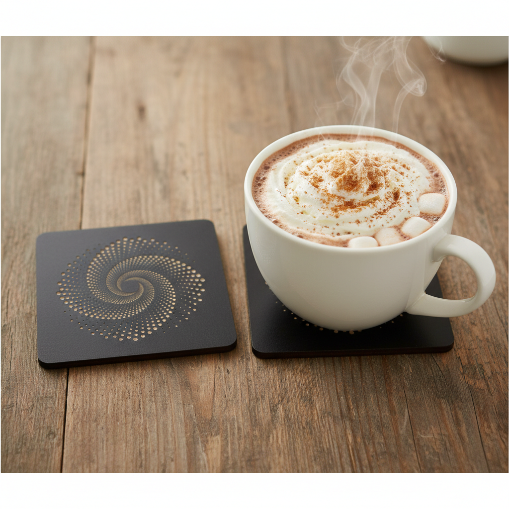 Set of 6, Square Black Topped Wood Drink Coasters - Golden Swirl Collection, with bumper feet.
