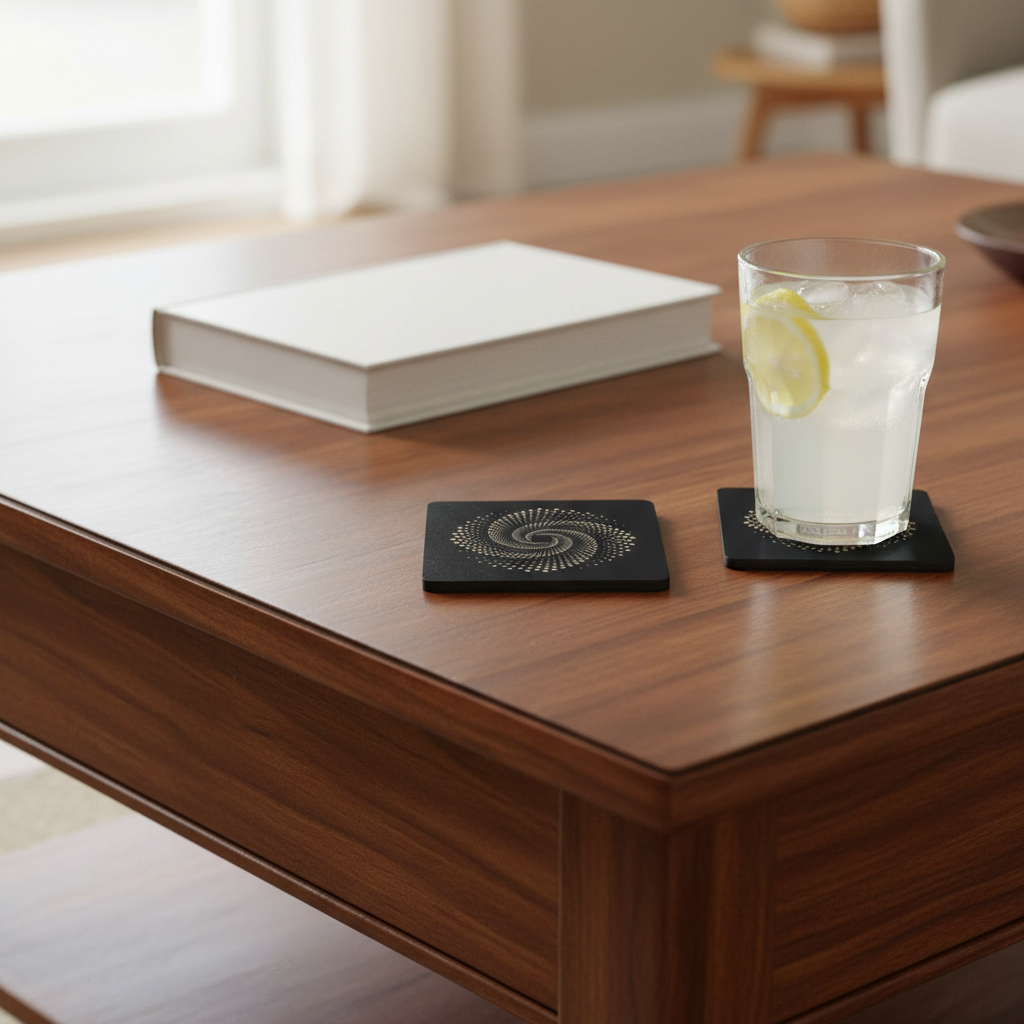 Set of 6, Square Black Topped Wood Drink Coasters - Golden Swirl Collection, with bumper feet.