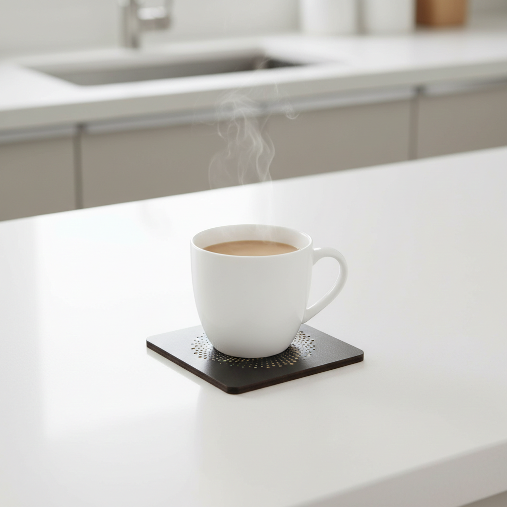 Set of 6, Square Black Topped Wood Drink Coasters - Golden Swirl Collection, with bumper feet.