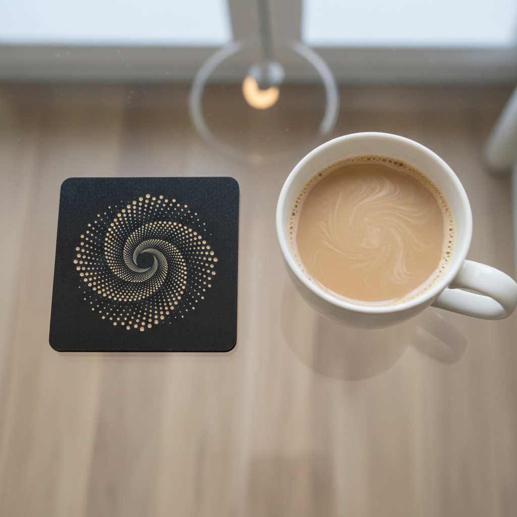 Set of 6, Square Black Topped Wood Drink Coasters - Golden Swirl Collection, with bumper feet.