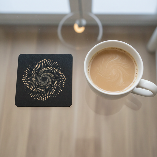 Set of 6, Square Black Topped Wood Drink Coasters - Golden Swirl Collection, with bumper feet.