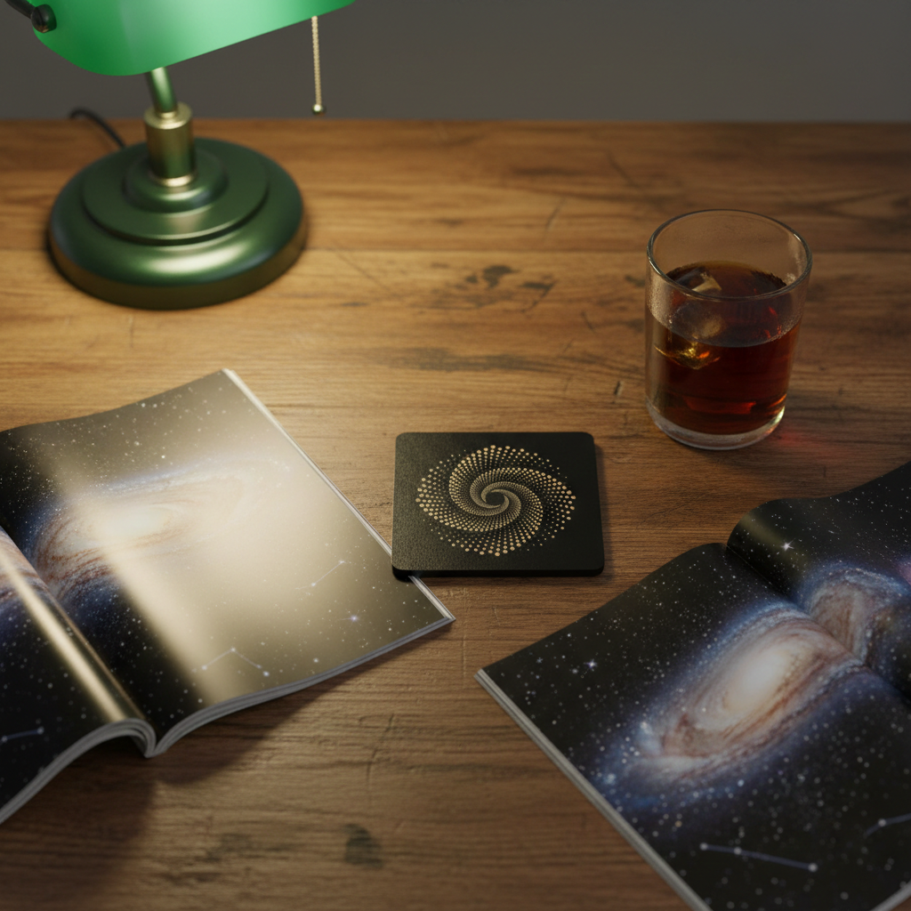 Set of 6, Square Black Topped Wood Drink Coasters - Golden Swirl Collection, with bumper feet.
