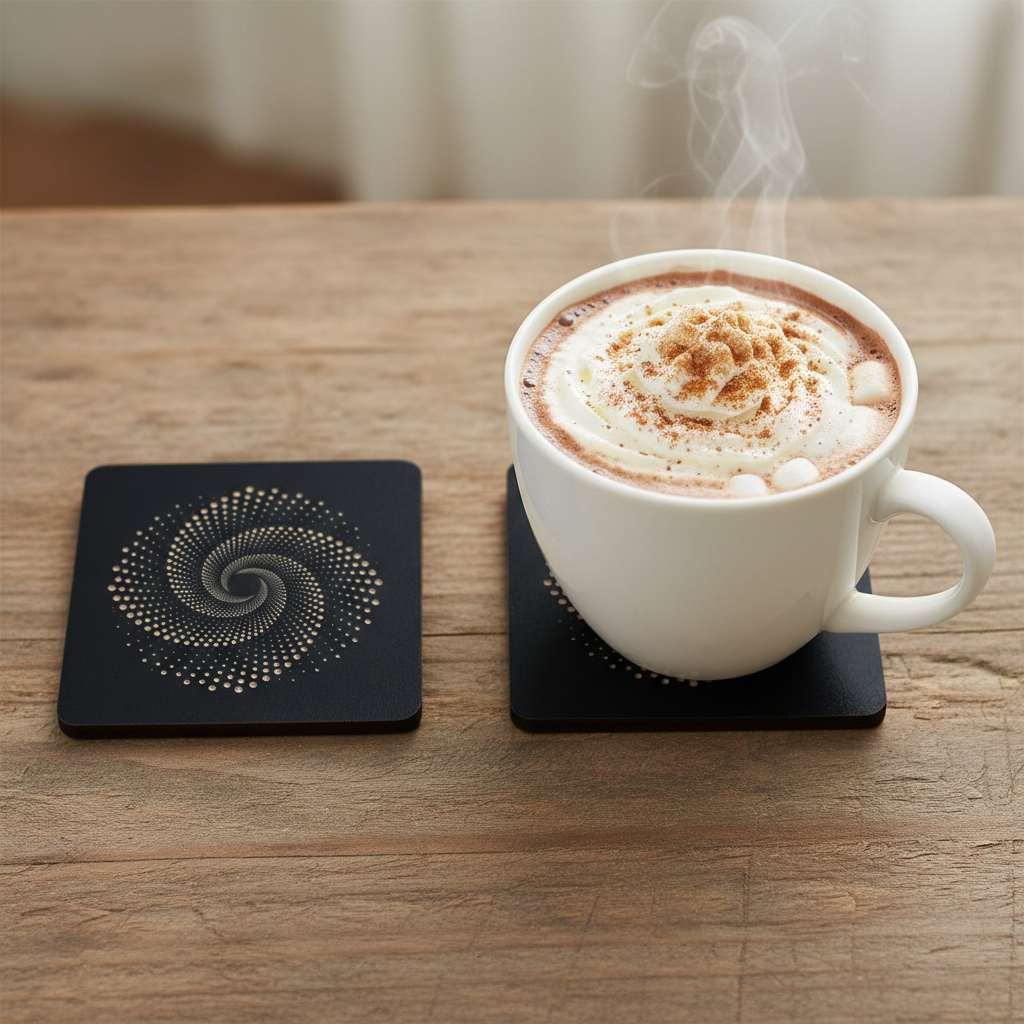 Set of 6, Square Black Topped Wood Drink Coasters - Golden Swirl Collection, with bumper feet.