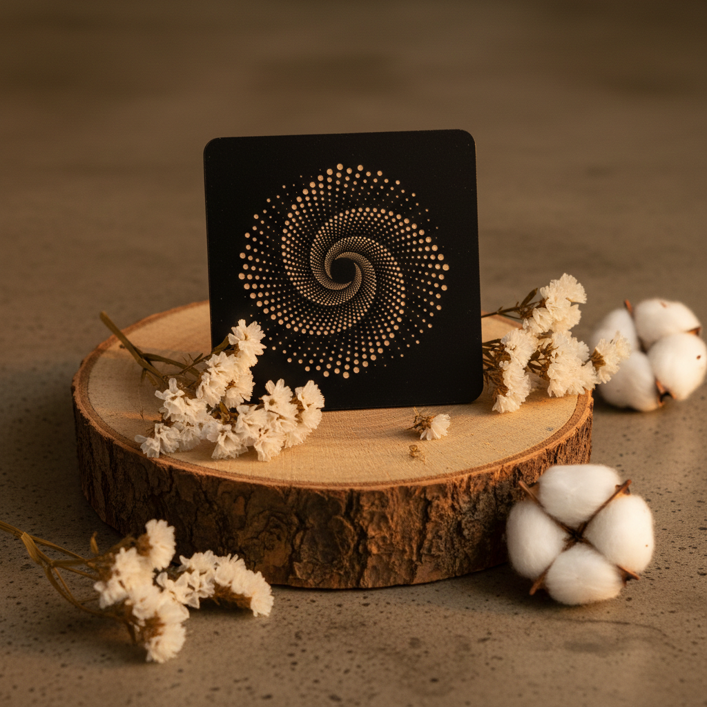 Set of 6, Square Black Topped Wood Drink Coasters - Golden Swirl Collection, with bumper feet.