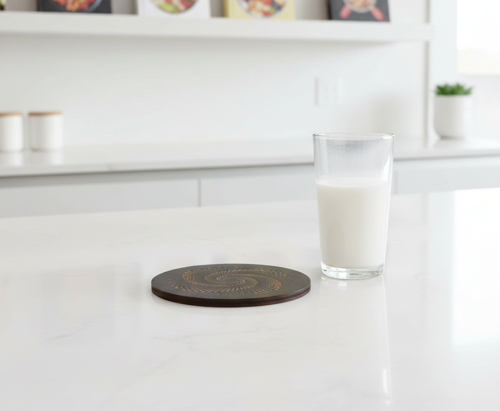 Set of 6, Round, Black Topped Wood Drink Coasters - Golden Swirl Collection, with bumper feet.