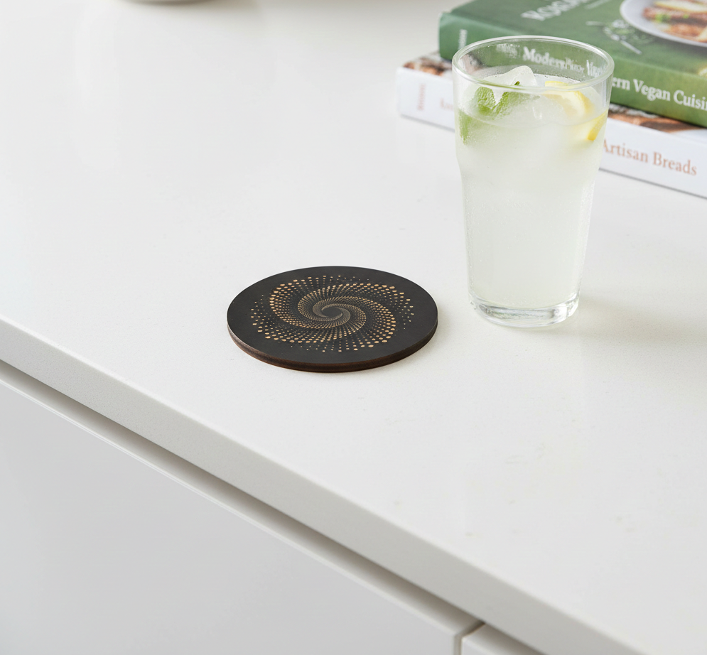 Set of 6, Round, Black Topped Wood Drink Coasters - Golden Swirl Collection, with bumper feet.