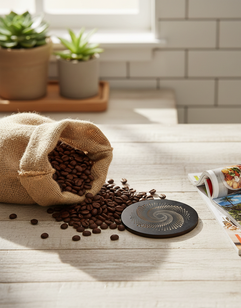 Set of 6, Round, Black Topped Wood Drink Coasters - Golden Swirl Collection, with bumper feet.