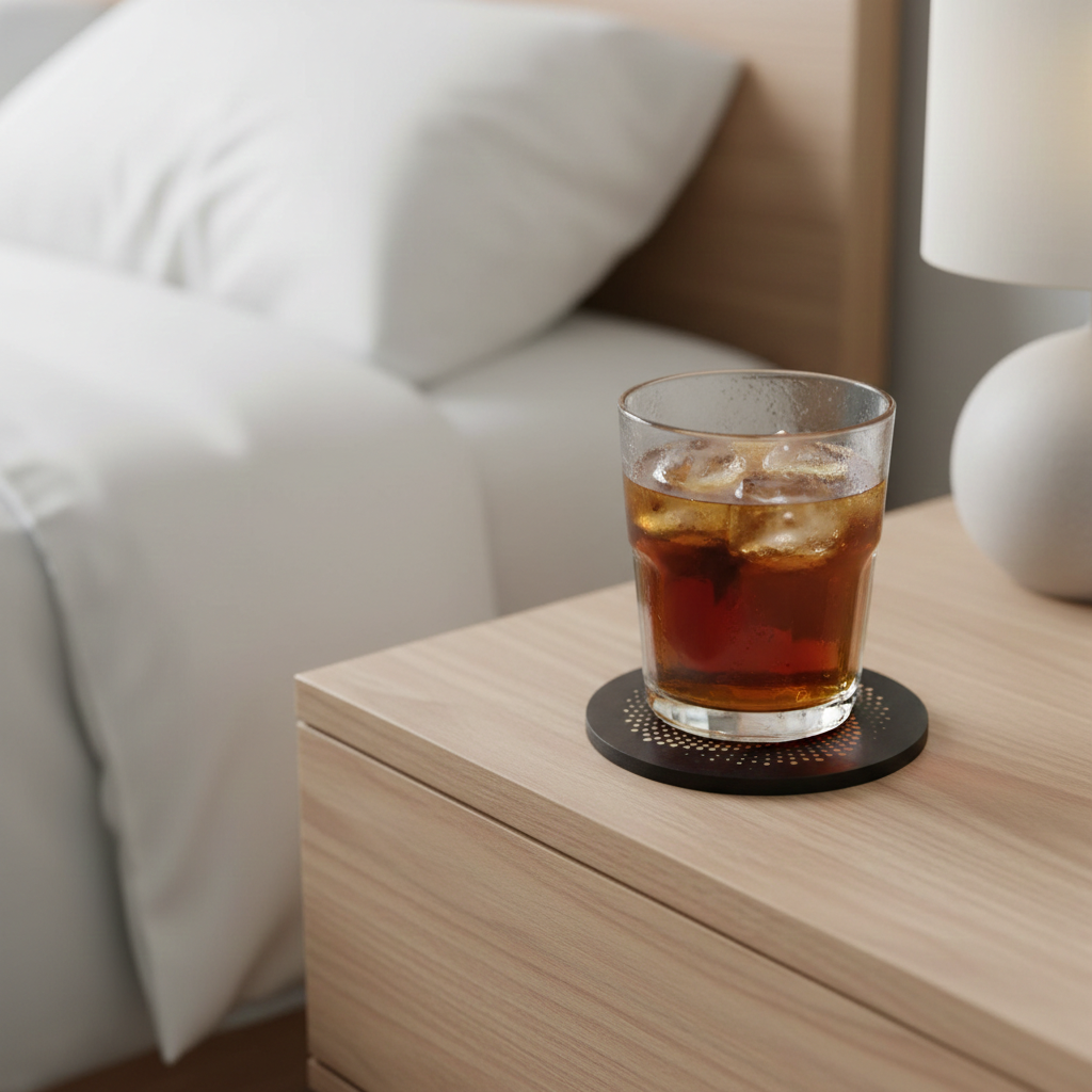 Set of 6, Round, Black Topped Wood Drink Coasters - Golden Swirl Collection, with bumper feet.