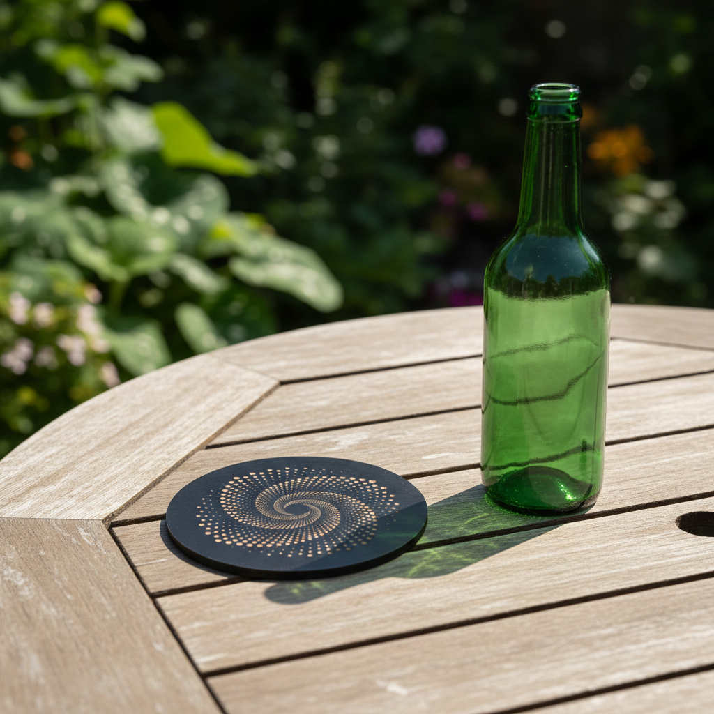 Set of 6, Round, Black Topped Wood Drink Coasters - Golden Swirl Collection, with bumper feet.