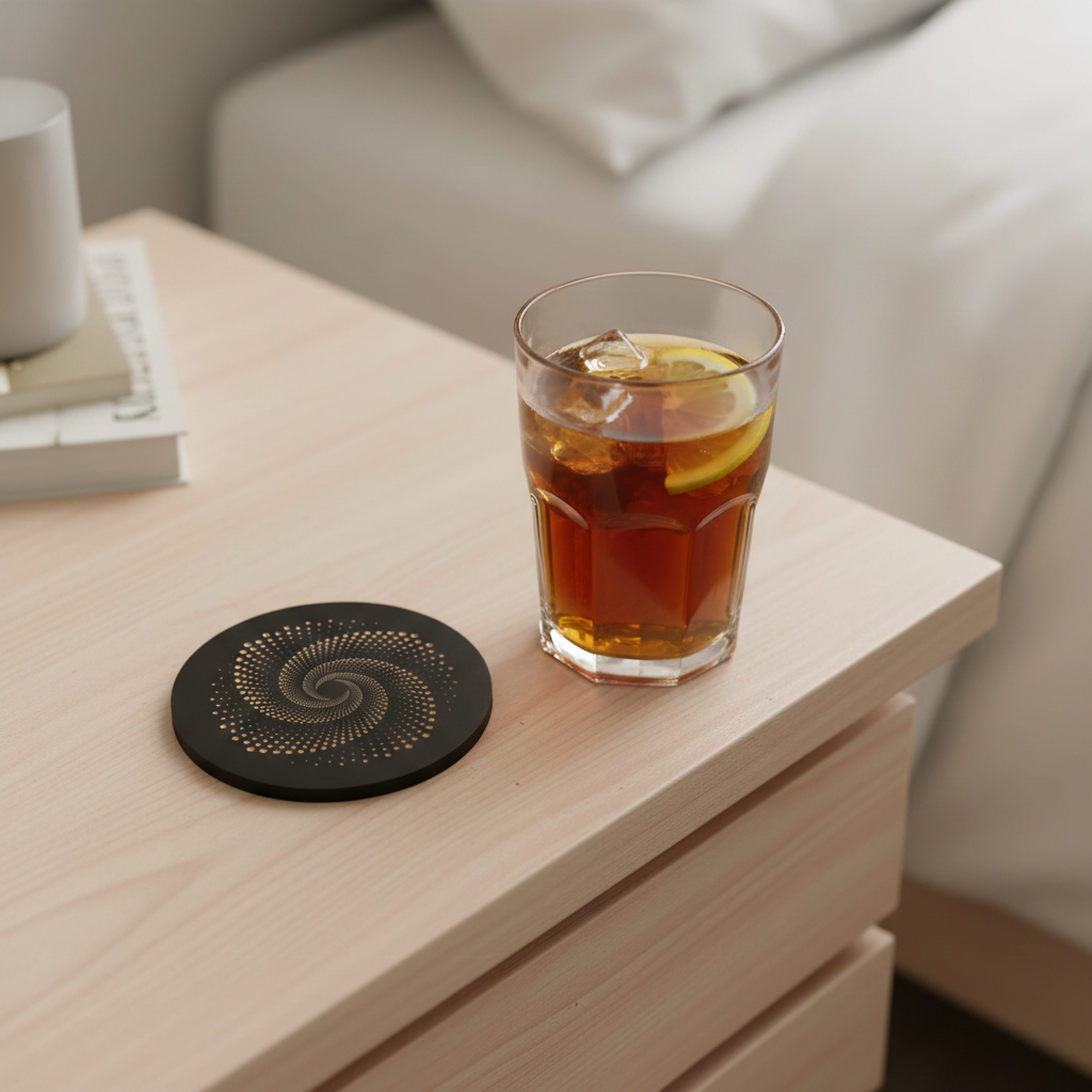 Set of 6, Round, Black Topped Wood Drink Coasters - Golden Swirl Collection, with bumper feet.