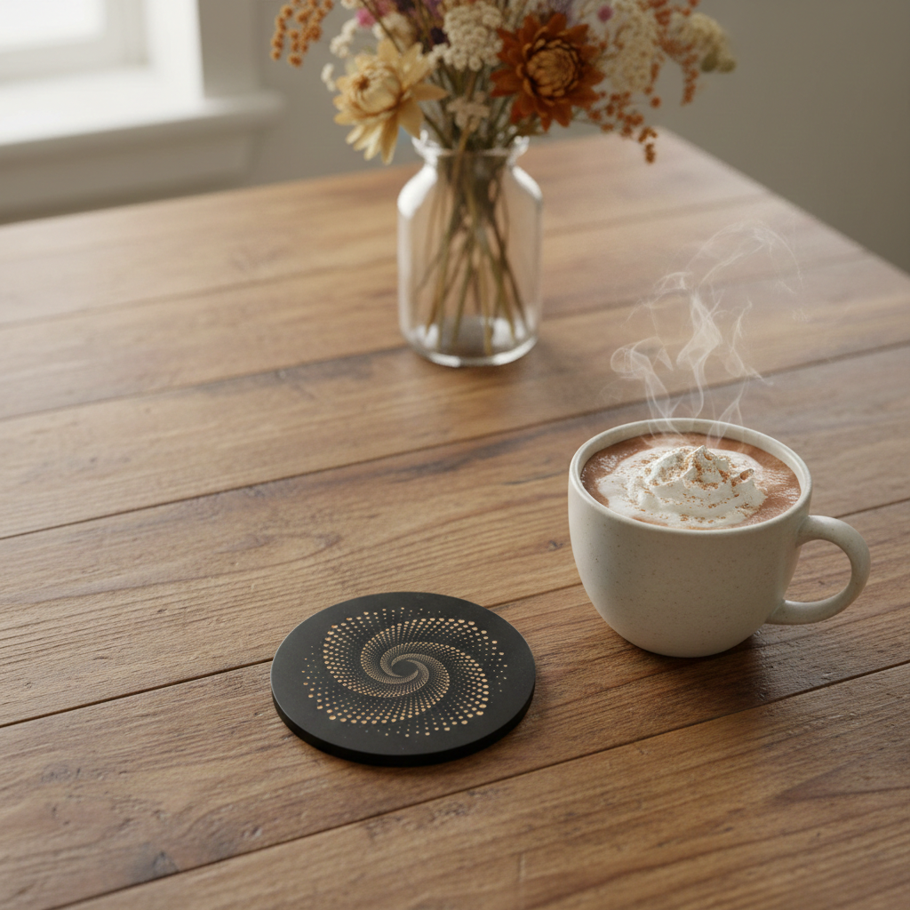 Set of 6, Round, Black Topped Wood Drink Coasters - Golden Swirl Collection, with bumper feet.