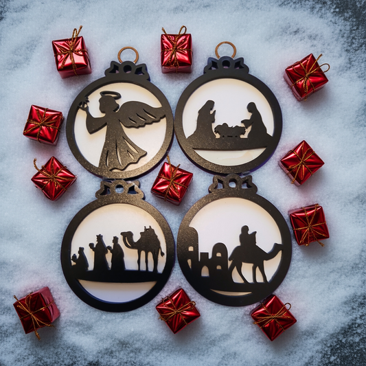 Set of 4, Black and White Wood Christmas Baubles, 95mm x 85xx x 0.5mm.