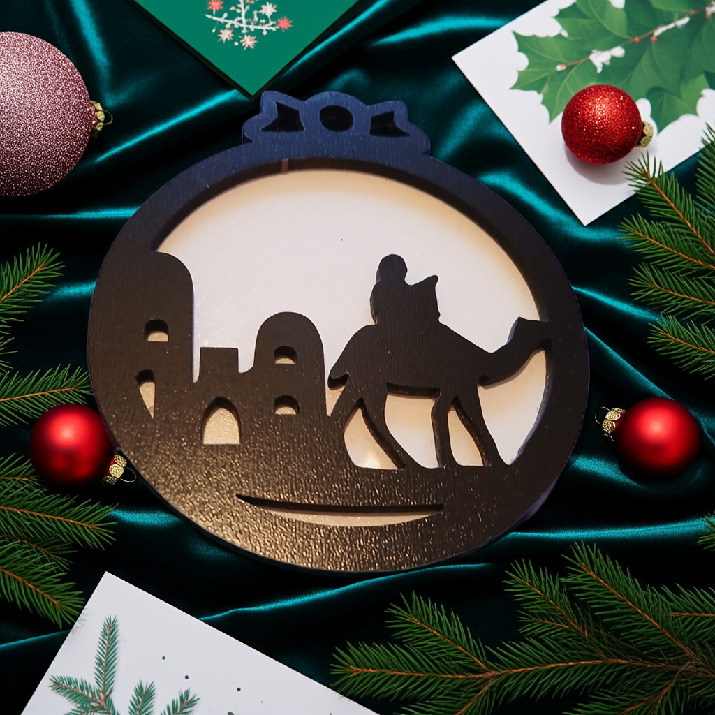 Set of 4, Black and White Wood Christmas Baubles, 95mm x 85xx x 0.5mm.