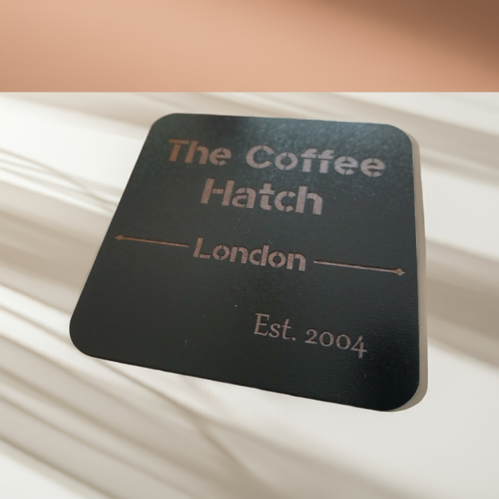 Bulk / Trade Black Topped Wood Drink Coasters, 95mm x 95mm or 95mm diameter.