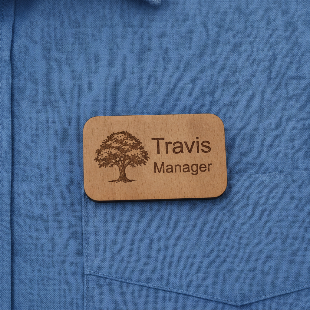 Bulk / Trade Staff ID Badges / Wooden Name Badges.  Credit Card Size +4mm deep. With Pin Fastener. From £1.60 each.