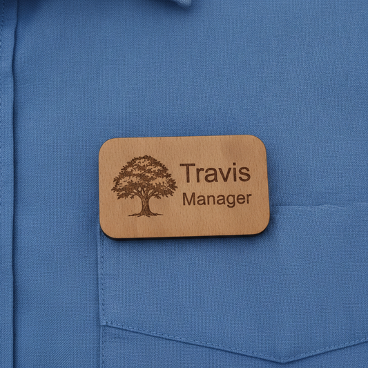 Bulk / Trade Staff ID Badges / Wooden Name Badges.  Credit Card Size +4mm deep. With Pin Fastener. From £1.60 each.