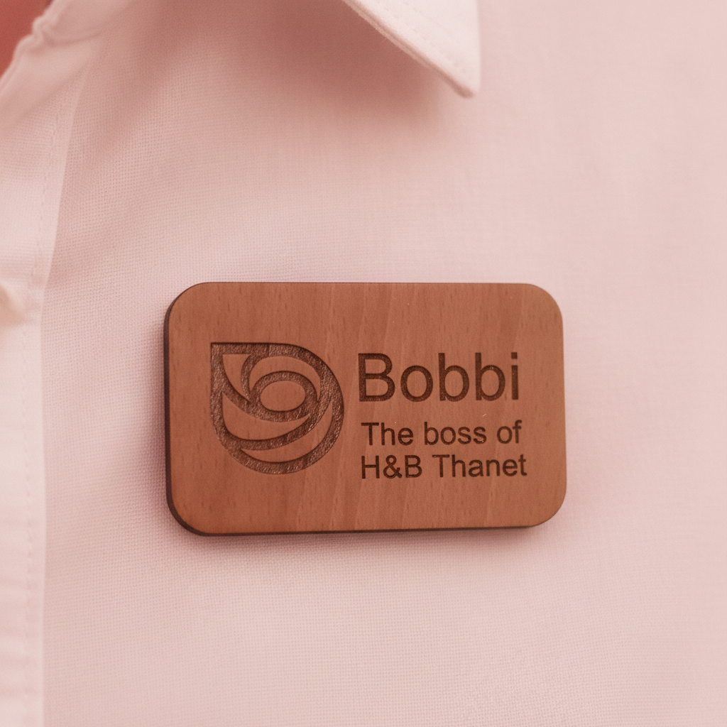 Staff ID Badges / Wooden Name Badges. 50mm long x 90mm width x 4mm deep. With Pin Fastener.