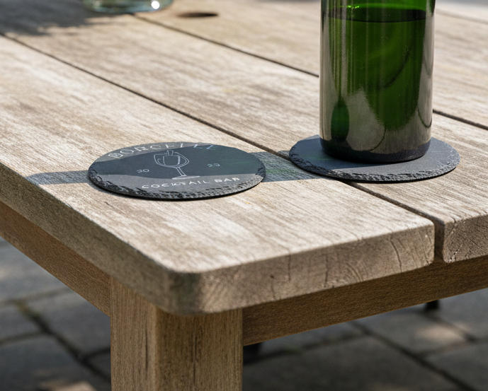 Bulk / Trade, Round or Square Chunky UK sourced, Slate Coaster. 100mm diameter or 100mm x 100mm, with anti-skid feet.