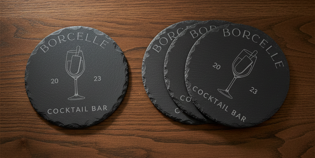Bulk / Trade, Round or Square Chunky UK sourced, Slate Coaster. 100mm diameter or 100mm x 100mm, with anti-skid feet.