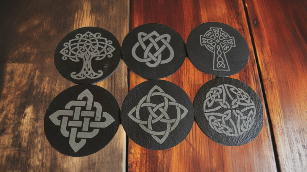 Set of 6, Round Celt Themed Slate Coasters.