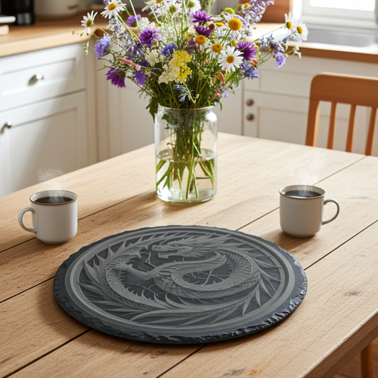 Serving, Drinks or Cheese Platter. 30cm diameter natural slate engraving- Dragon- 3d effect, with bumper feet.